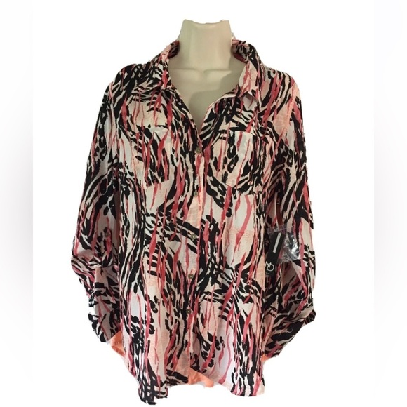 New Directions Womens Button Up Top Blouse Roll Up Sleeves Peach Paisley SZ PXL - Picture 16 of 16